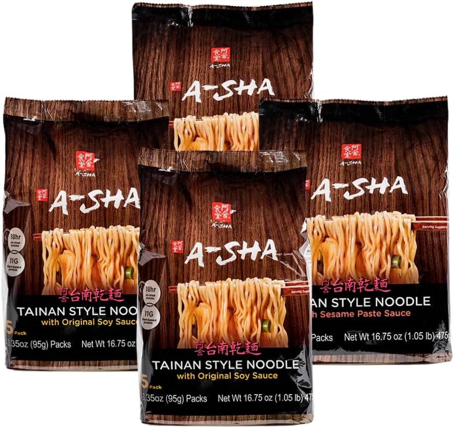 - A-Sha Tainan Variety Pack (2 Flavors, 20 Count), Vegan, Air-Dried, 11g of Plant-Based Protein, Thin Sized Noodles