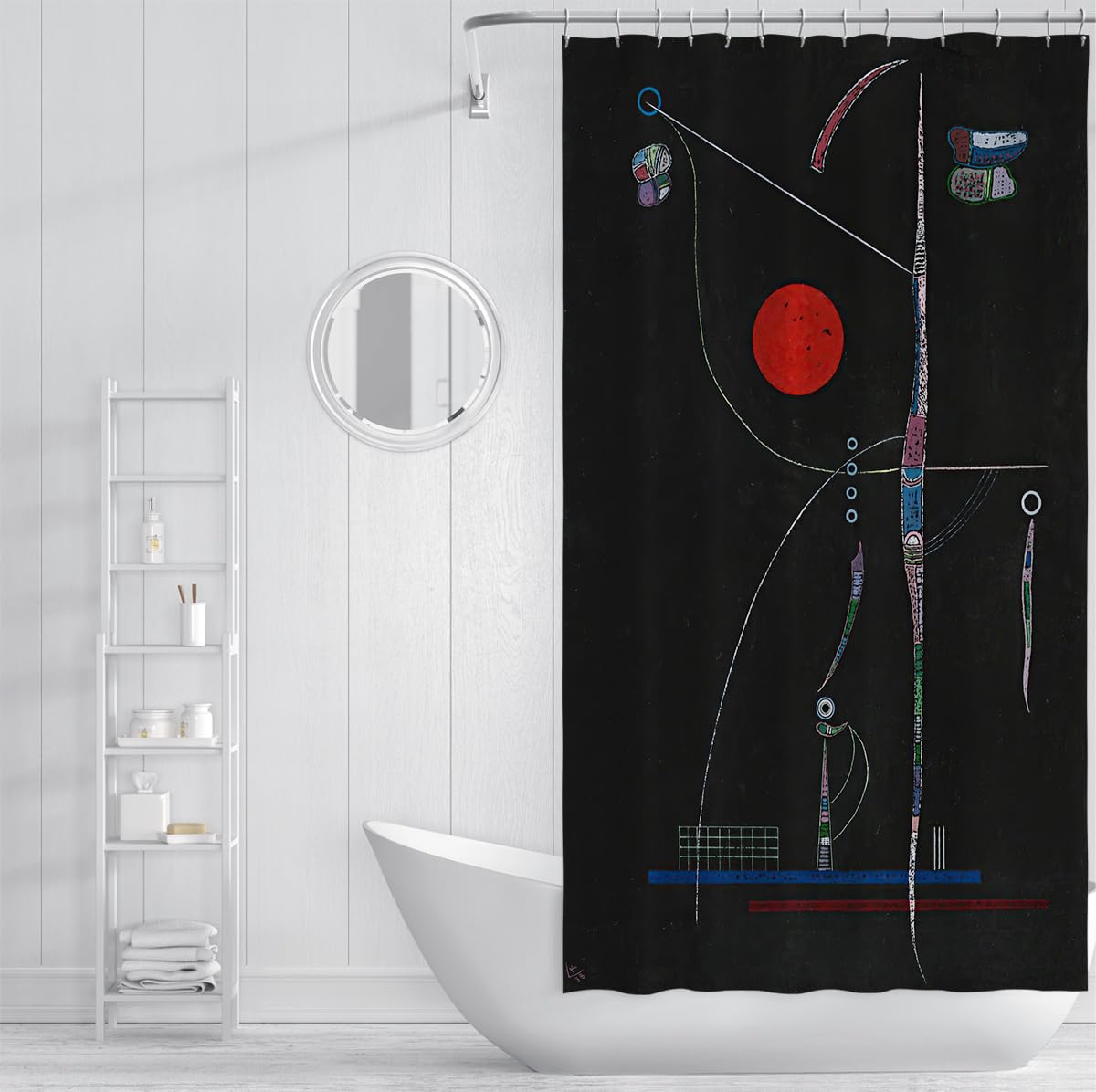 Abstrakte Kunst Duschvorhang Einfache geometrische Designs Berühmte Malerei Drucken Badezimmervorhänge für die Badewanne Dekor Schwarzer Hintergrund 180 x 180 cm