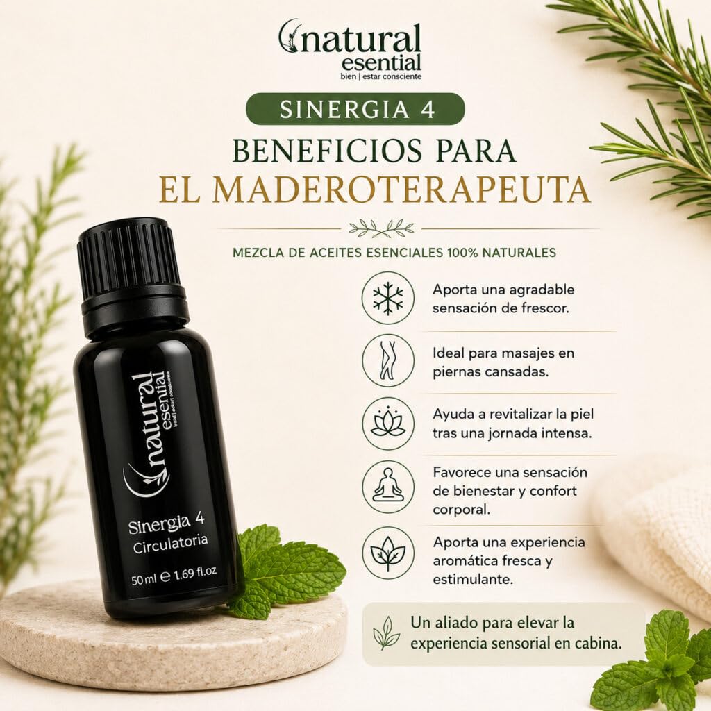 Sinergia 4 | Sinergia Circulatoria Natural Esential 50 ml | Aromaterapia | Mezcla Aceites Esenciales | Potencia la Maderoterapia | Indicada Masajes Corporales Profesionales | Tonificante y Estimulante