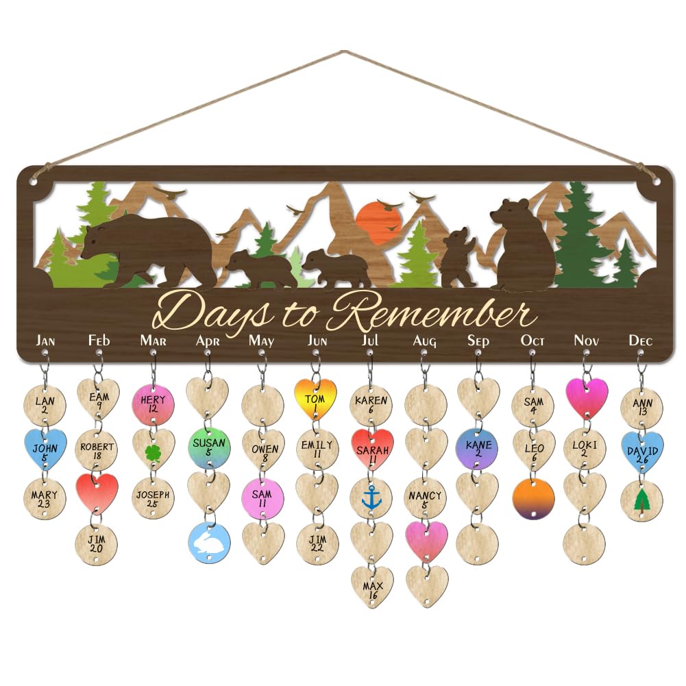 arricraft 1 Set Wooden Family Birthday Reminder Calendar Plaque, Bear Pattern Celebrations Calendar Board Wall Hanging with 100 Tags for Birthday Party Decoration 4.7x15.7Inch