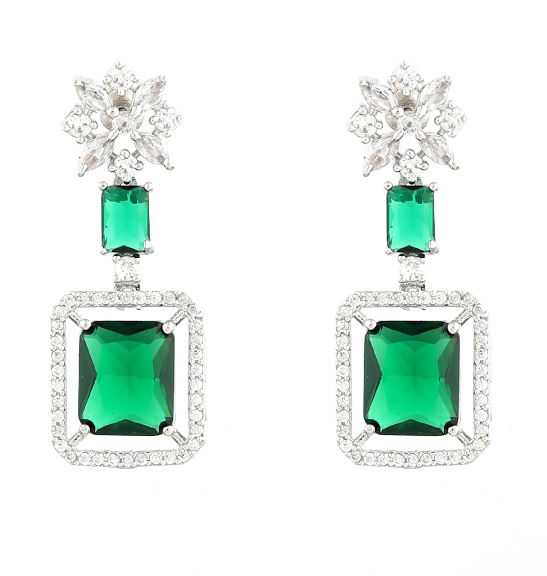 Rhodium Plated AD Stone Brass Drop Earrings for Women | Crystal Floral Design Dangle Earring for girl | Rectangle Cut Cubic Crystal Drops | Gift for Women-picture-46