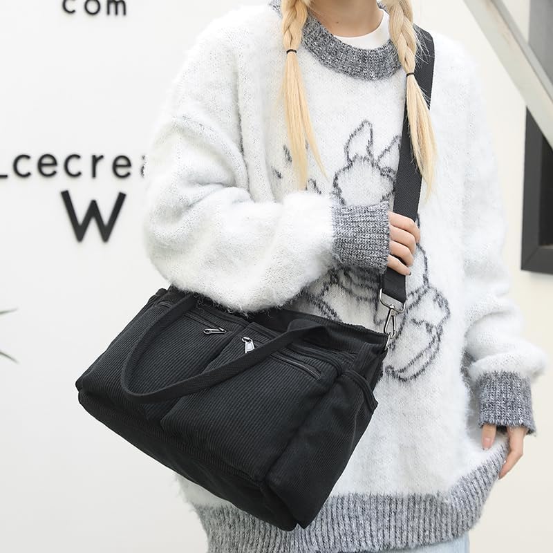 Corduroy Crossbody Tote Bag for Women Cute Shoulder Bag Large Messenger Bag Commuter School Purse Handbag Work Multi Pocket(black) - Image 4