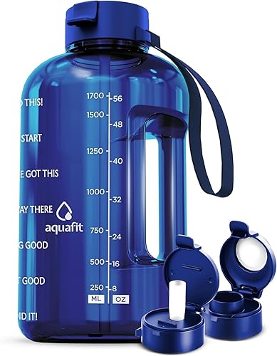 AQUAFIT - Botella de agua de 1/2 galón con marcador de tiempo - Pajilla y tapa para beber - Botella de agua para gimnasio sin BPA con pajilla -