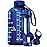 AQUAFIT Half Gallon Water Bottle with Time Marker - Straw & Chug Lid - BPA Free Gym Water Bottle with Straw - Big Gallon Jug (Blue, 64 oz - 2 Lids)