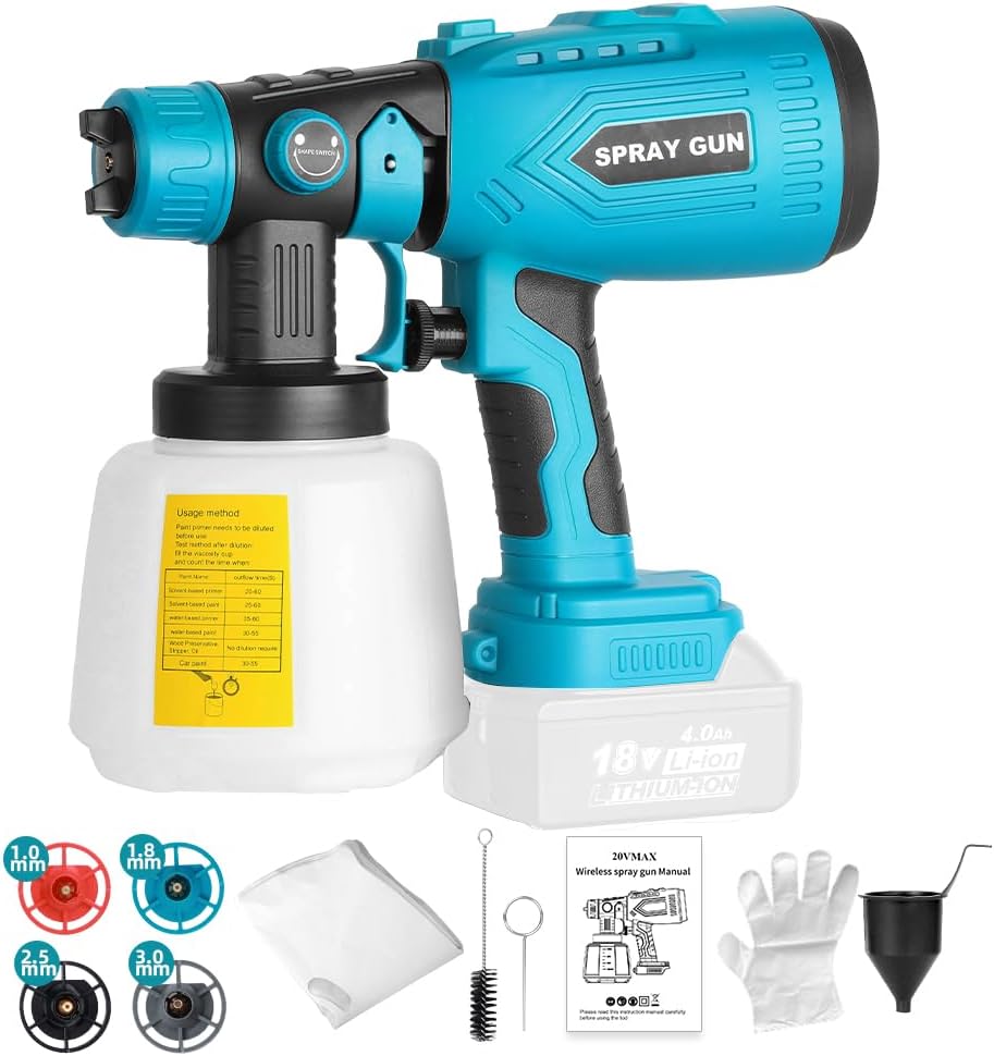 Cordless Paint Sprayer Compatible with MAKITA 18V Lithium-Ion Battery(No Battery), HVLP Spray Paint Gun with 4 Size Copper Nozzle, 200W High Power Motor Paint Sprayer for House Fence Painting