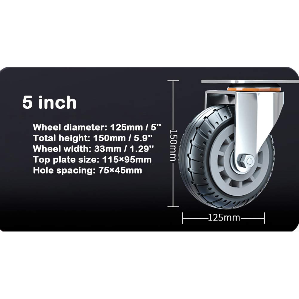 Möbelrollen, Lenkrollen, 4 Hochleistungs-5-Zoll-125-mm-Industrietransport-Universal-Lenkrollen aus geräuschlosem Gummi mit Bremsmöbel-Doppellager for Geräte bis 600 kg