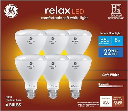 GE Relax - Paquete de 6 bombillas LED Br30 equivalentes a 65 W, regulables, color blanco suave