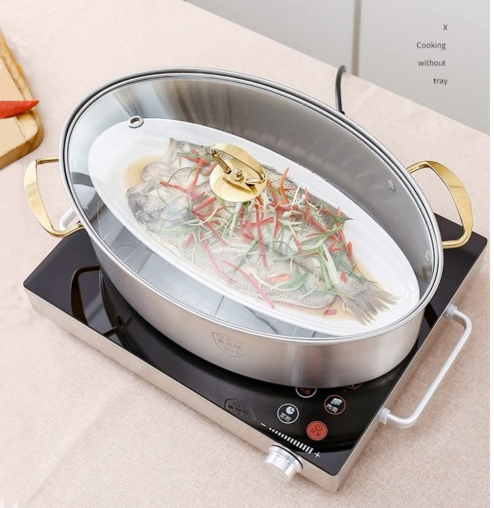 Vaporizador de Pescado Ovalado, Olla de Vapor de Pescado de 8 Cuartos de galón, sartén Multiusos de Acero Inoxidable 304 con Rejilla, sartén de cerámica y portabrocas para Pescado