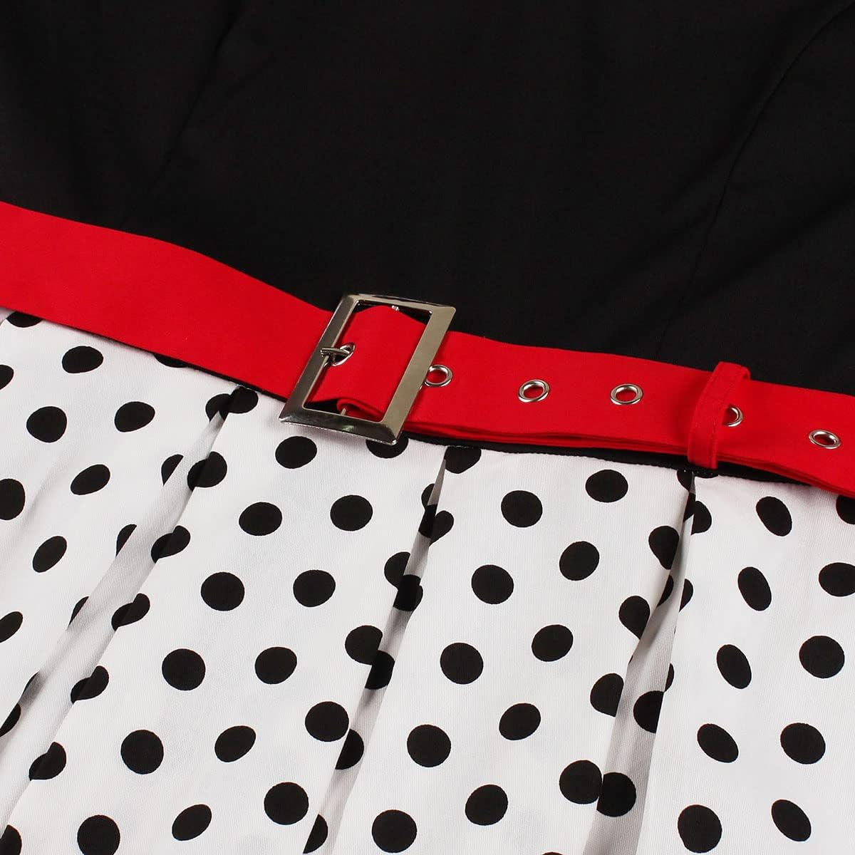 Women Short Sleeve Sailor 1950s Vintage Dress 50s Audrey Hepburn Rockabilly Cocktail Swing Dress 1940s Tea Party Dress with Belt Pleated Wedding Prom Fared A-Line Midi Evening Gown White+Black L - Image 5