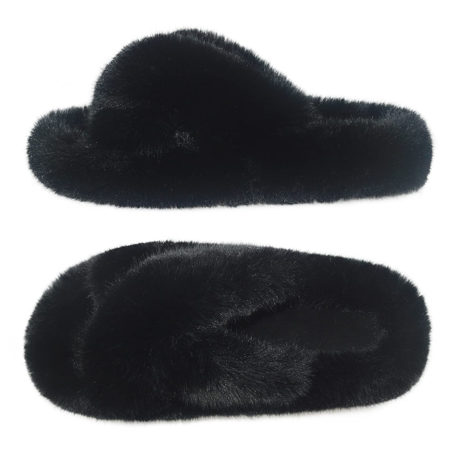 Women's Furry Fur Slides Fuzzy Fluffy Plush Open Toe House Slippers Sandals with Arch Support for Ladies Indoor Outdoor (Black, 5-6, numeric_5)