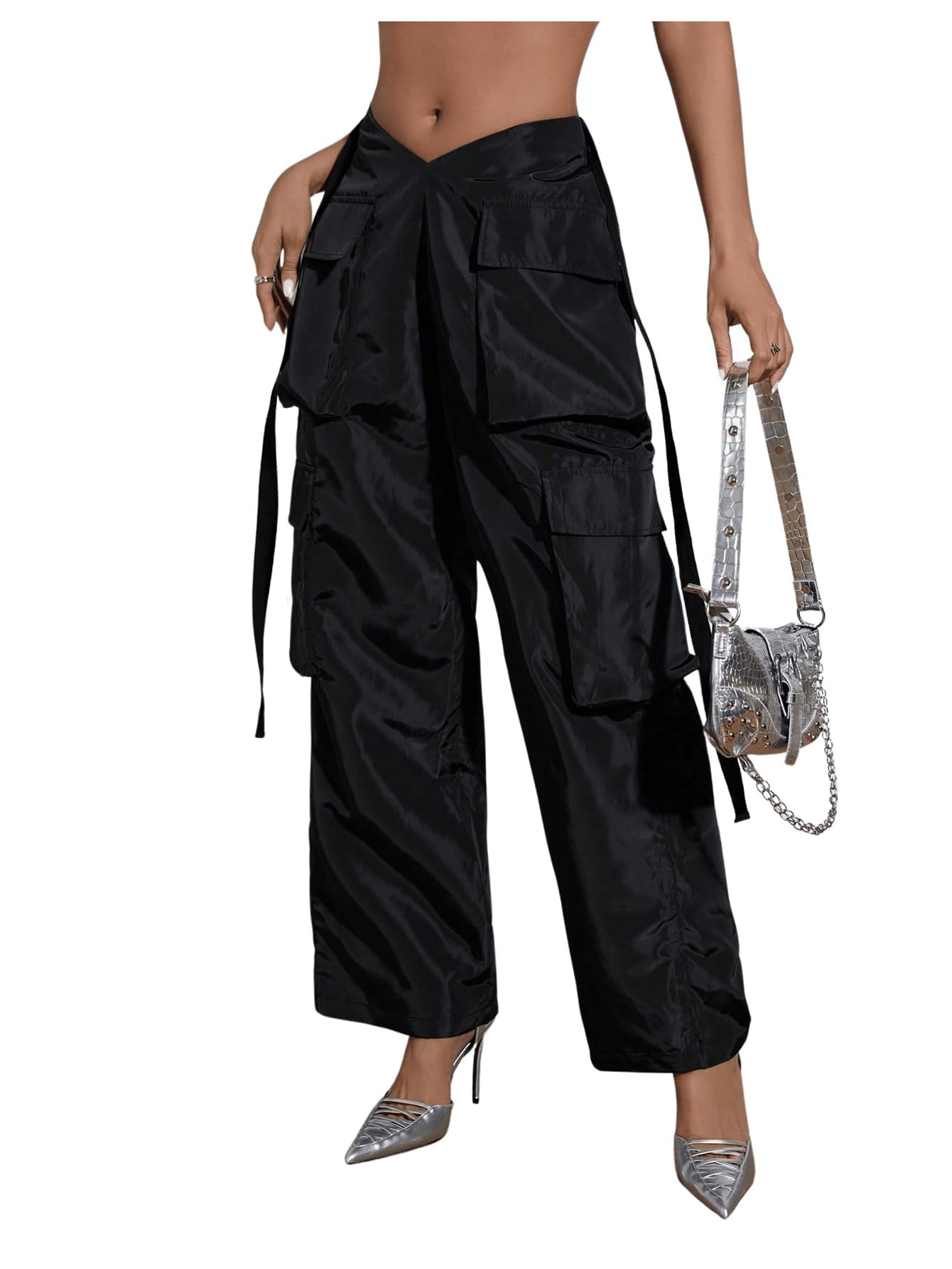 OYOANGLE Womens High Waist Flap Pocket Cargo Pants Fashion Y2K Streetwear Baggy Trousers