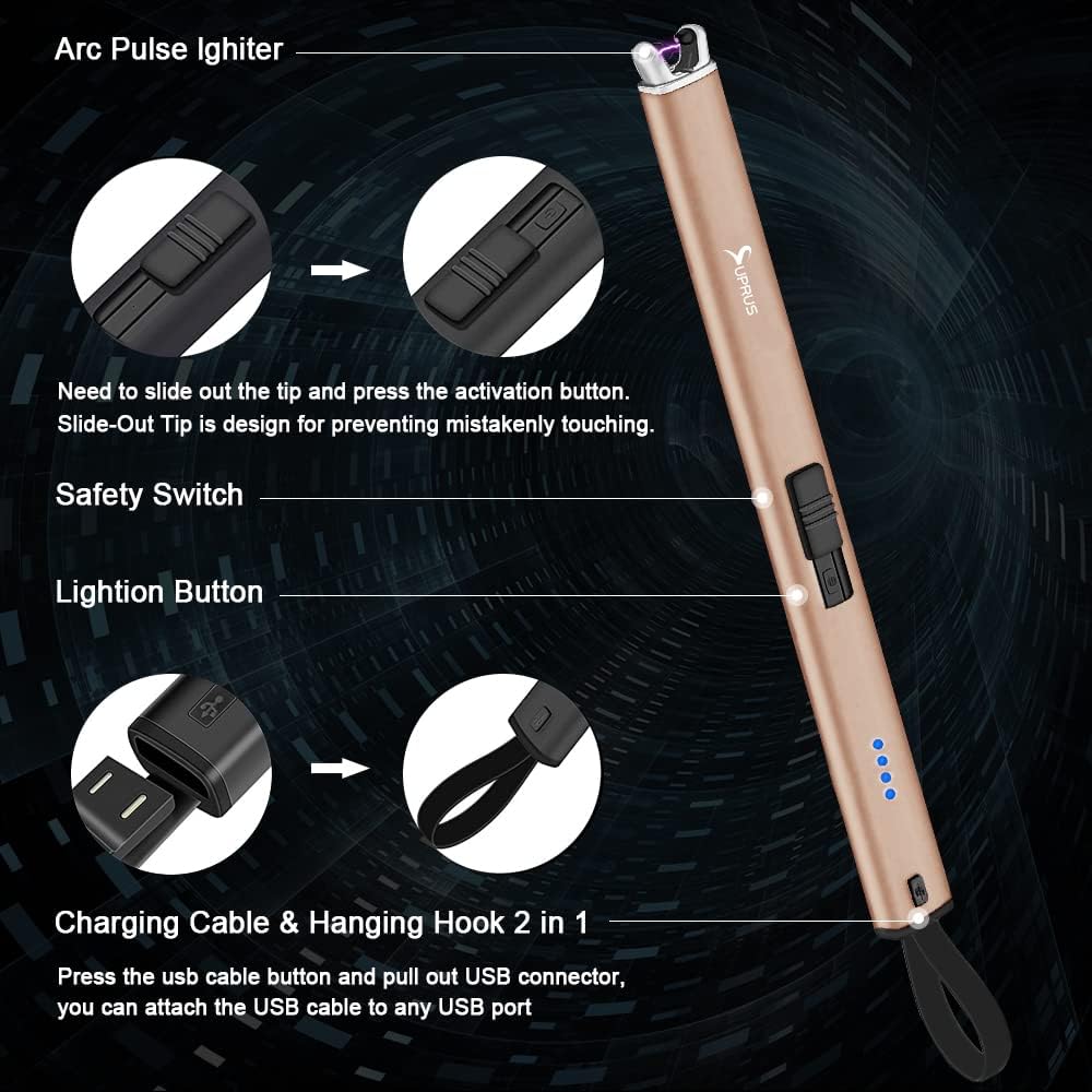 SUPRUS Candle Lighter Electric Arc Lighter with Built in USB Cable&Hanging Hook 2in1 USB Lighter (1, Gold)