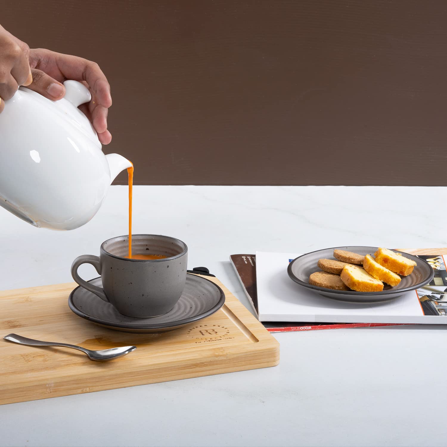 Wakefit Premium Tea Cup & Saucer | Set of 4 | 180 ml | Eco-Friendly Stoneware Ceramic | Toxin Free | BPA and Lead Free | Microwave & Dishwasher Safe | Ideal for Gifting | Grey,Cement Matt | Feat