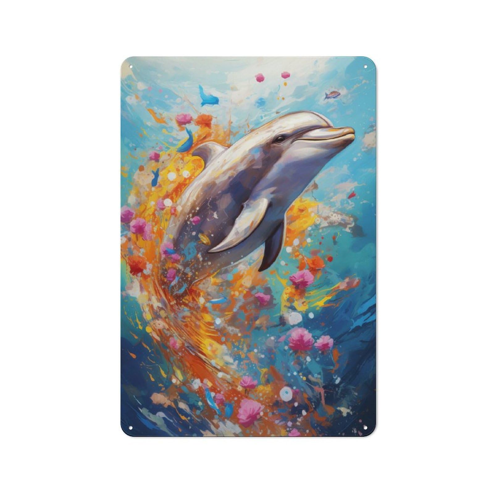 Junmoney Dolphin Swimming In Paint Printed Metal Sign 30X20cm For Café Or Restaurant, For Hospitality Interior Collectors