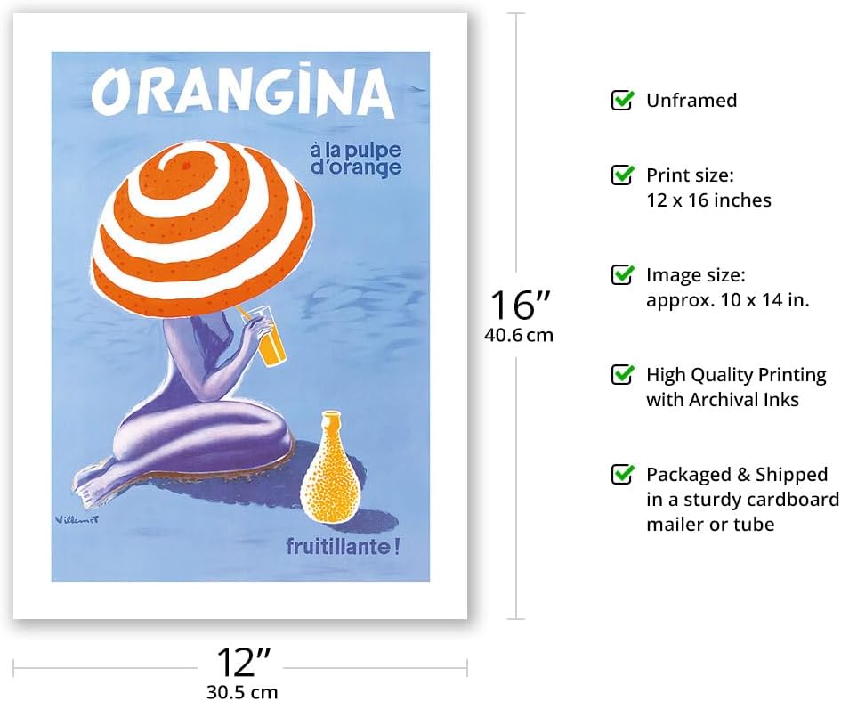 Orangina - Orange Sparkling Soda! - Vintage Advertising Poster by Bernard Villemot c.1964 - Bamboo Fine Art 290gsm Paper (Unframed) 12x16in