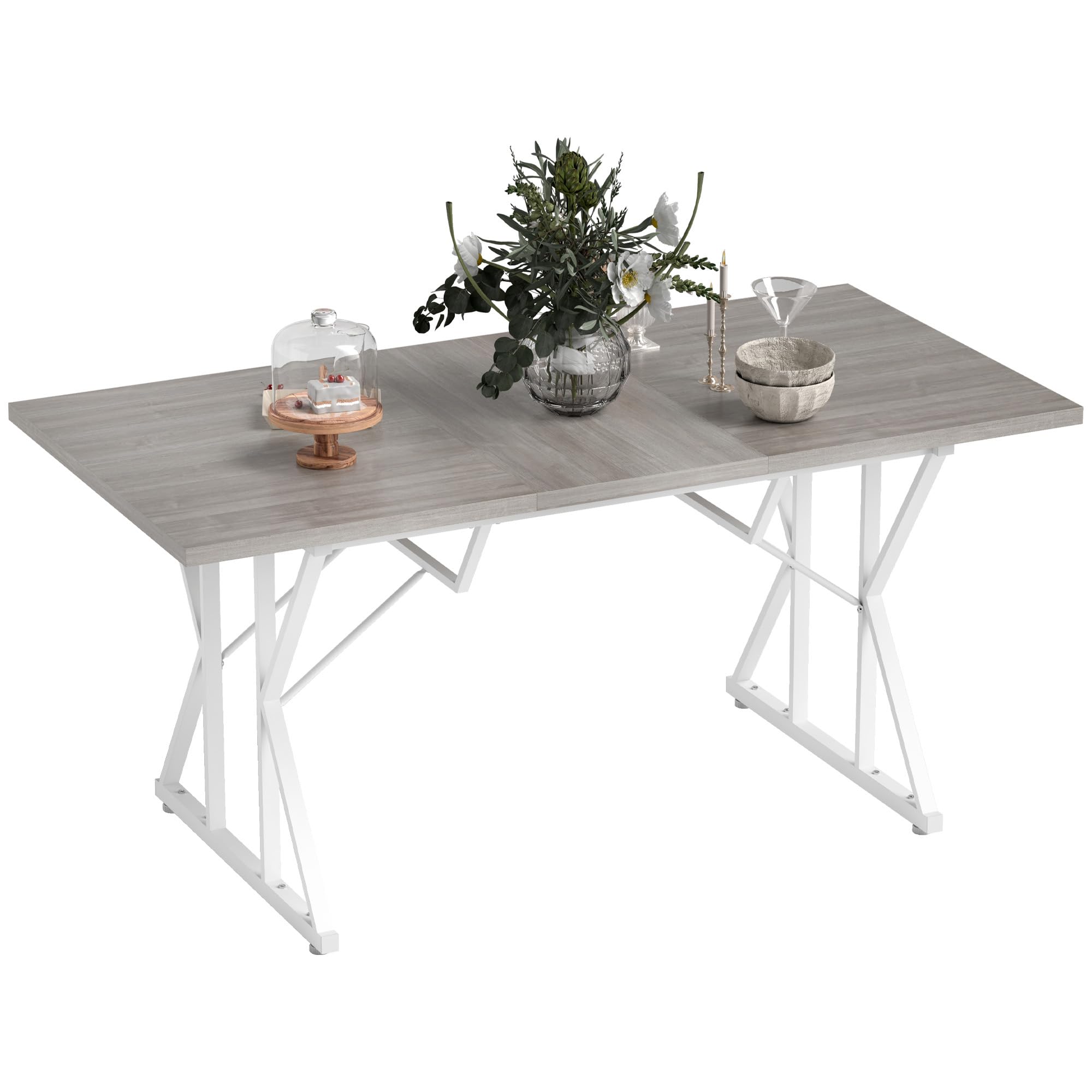 similar)))incomplete))))HOMCOM 63"-47" Expandable Dining Table for 4-6 People, Farmhouse Extendable Dining Room Table with Heavy Duty Metal Trestle Base, Rectangle Kitchen Table, Distressed Gray