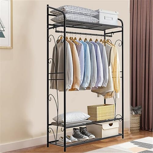 Miniatura 7 de Estante de ropa resistente de metal negro para dormitorio con estantes de almacenamiento, 2 estantes para zapatos