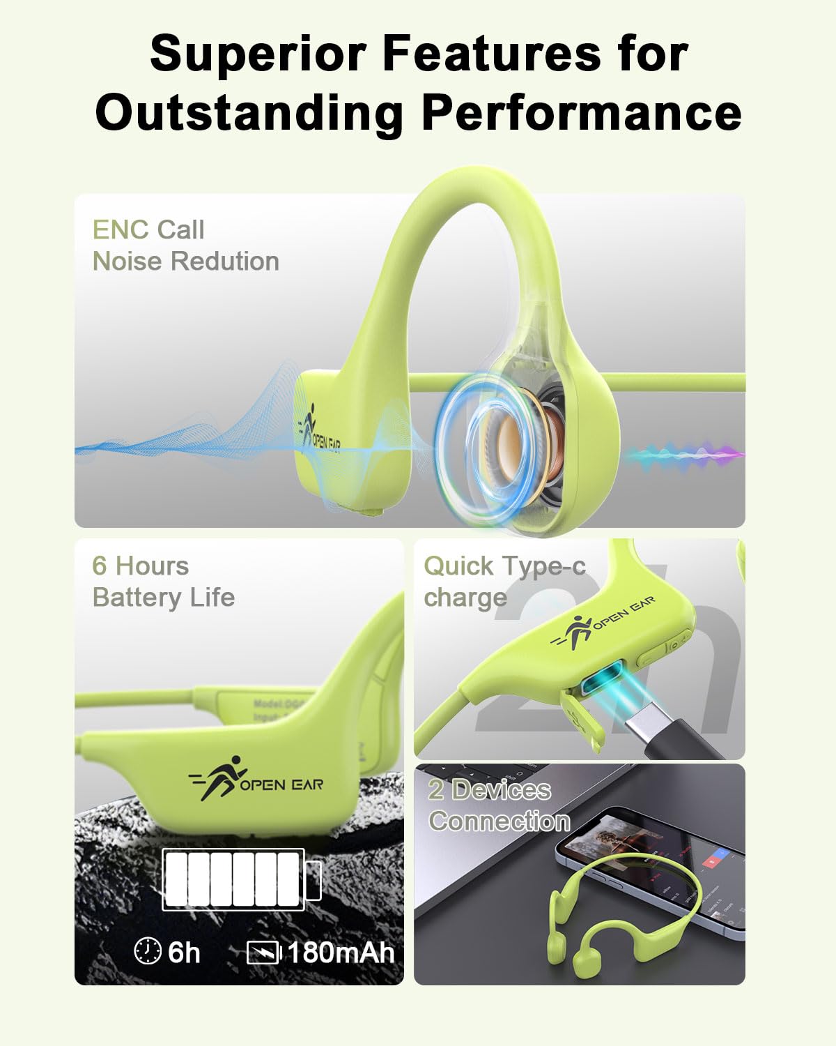 ANSTEN Casque Conduction Osseuse Bluetooth 5.3, 2025 Open Ear Casque de Sport sans Fil avec Micro, Charge Rapide USB-C, étanchéité IPX5 pour Le Sport, Le Cyclisme et Le Fitness(Vert)