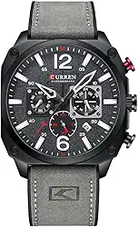 Relógio Masculino Curren_8398, Cronógrafo, Em Aço Inoxidável, Movimento de Quartzo com Pulseira em Couro, Estilo Social Casual Luxo e À Prova D’Água