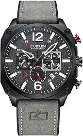 Relógio Masculino Curren_8398, Cronógrafo, Em Aço Inoxidável, Movimento de Quartzo com Pulseira em Couro, Estilo Social Casual Luxo e À Prova D’Água