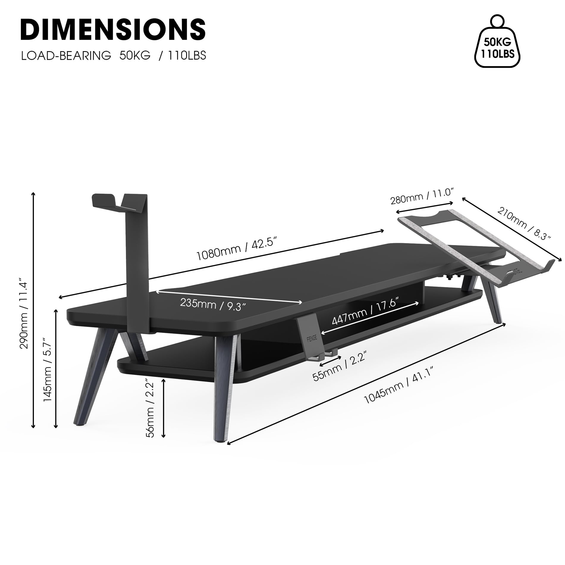 Fenge Supporto per Doppio Monitor con Supporto per Laptop/Telefono, Supporto per Computer a 2 Strati con Ampio Spazio di Archiviazione, 108x23,5x14,5cm Capacità di Carico 50KG (Nero)