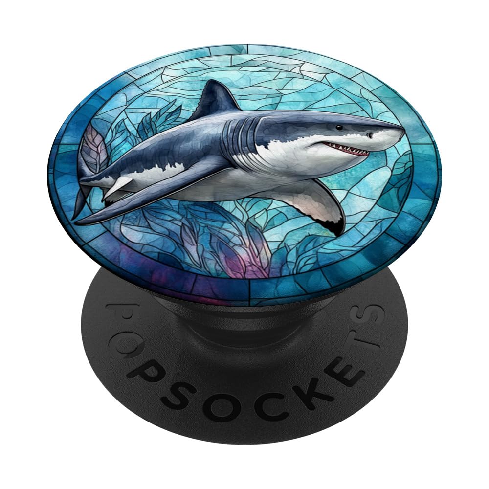 Stained Glass Mosaic Ocean Great White Shark PopSockets Adhesive PopGrip