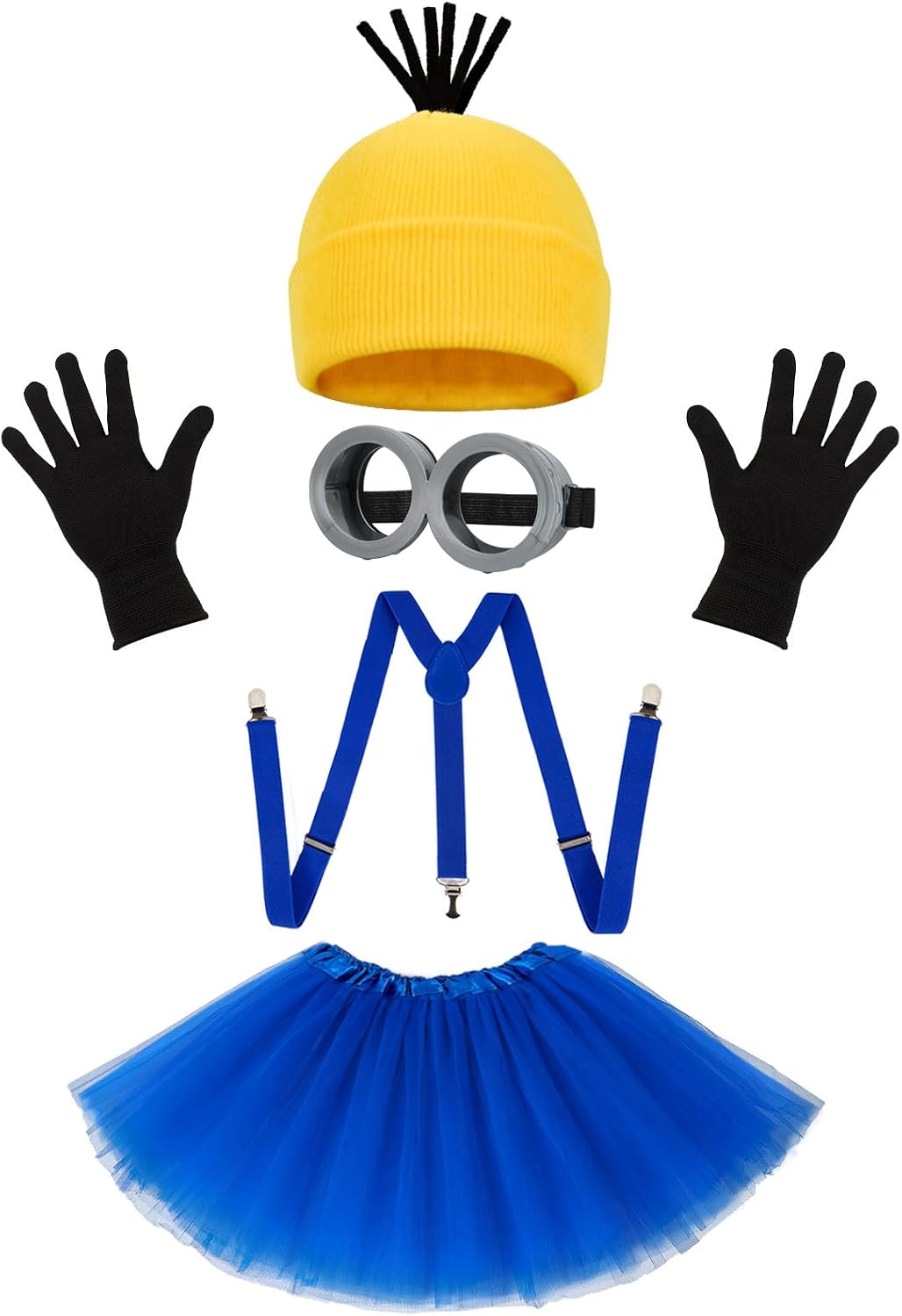 5 Pcs Halloween Costume Accessories Kit for Adult, Yellow Beanie Hat/Gloves/Goggles/Blue Dress/Suspenders, Funny Dress Up Set for Men Women Novelty Cartoon Cosplay Party Accessory