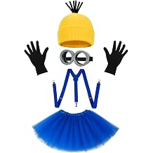 5 Pcs Halloween Costume Accessories Kit for Adult, Yellow Beanie Hat/Gloves/Goggles/Blue Dress/Suspenders, Funny Dress Up Set for Men Women Novelty Cartoon Cosplay Party Accessory