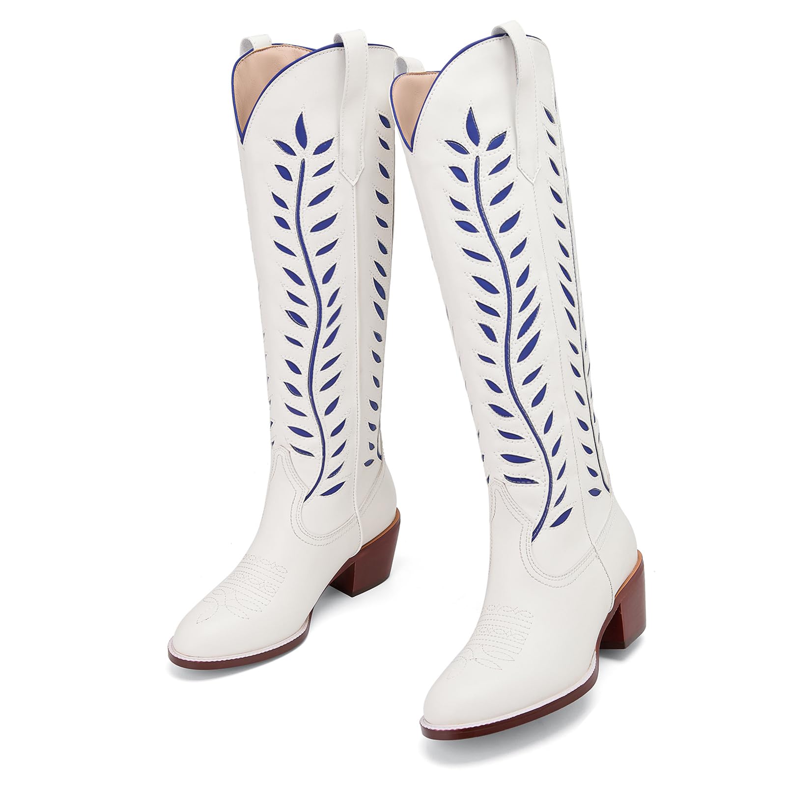 Yishaweiqi Embroidered Cowboy Boots for Women Almond Round Toe Chunky Heel Cowgirl Boots Pull On Knee High Western Boots with Contrast Foliage Inlay