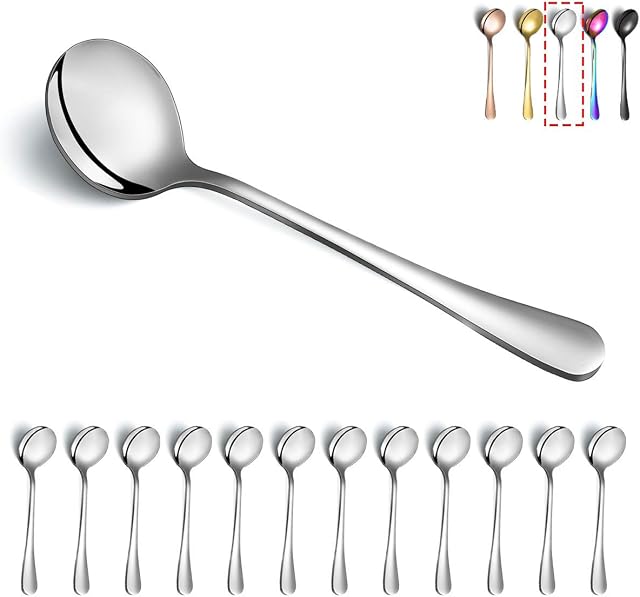 Soup Spoons, Kyraton 12 Pieces 19 cm Stainless Steel Round Spoons,Dinner Spoon Table Spoon, Spoons Silverware Dishwasher Safe Set of 12
