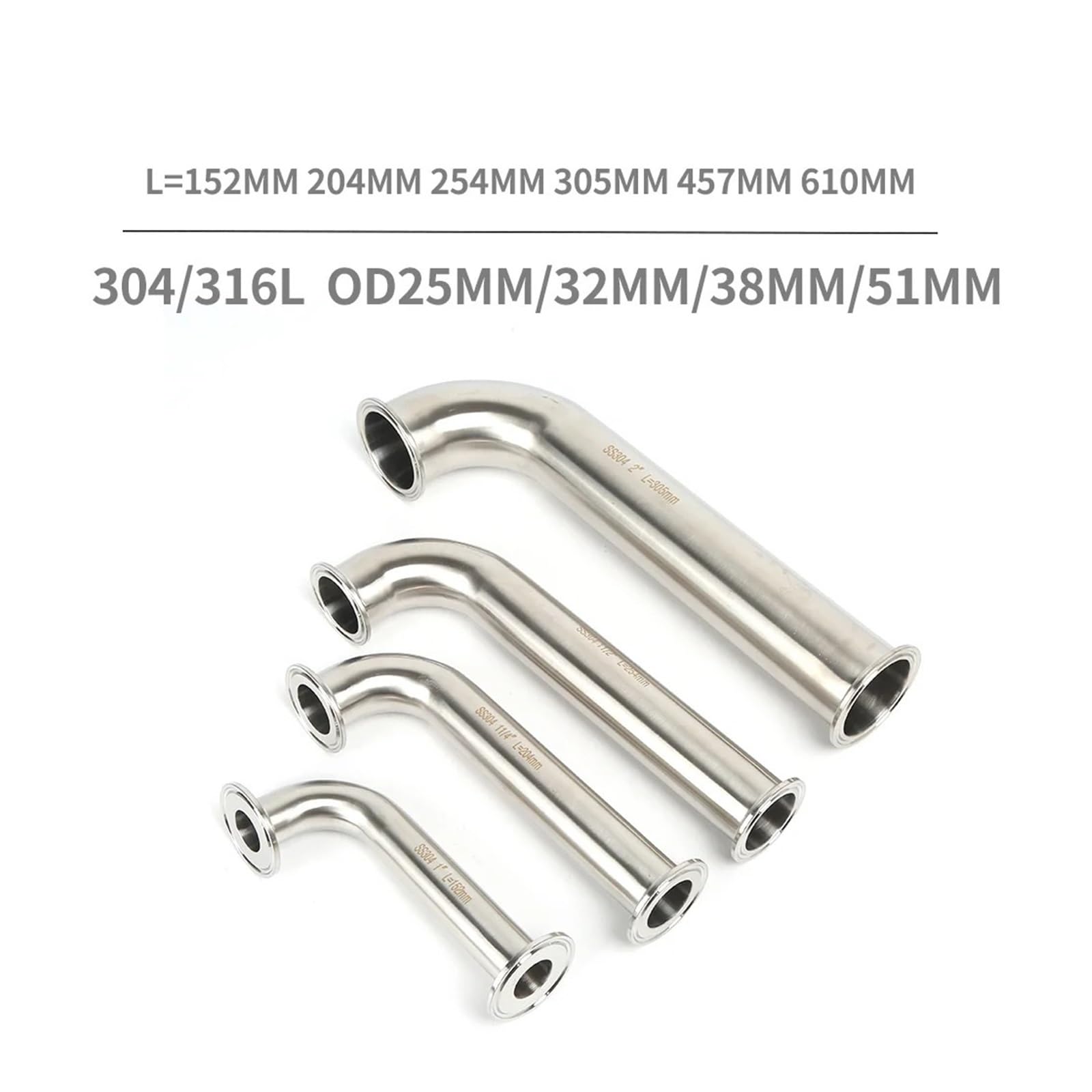 ZHGUIMING Codos de abrazadera de 90 grados SS304 Codo de abrazadera largo de 1", 1 1/4", 1 1/2" y 2" Codos con tubo de extensión Codos de acero inoxidable(OD51MM,L610MM_SS304)