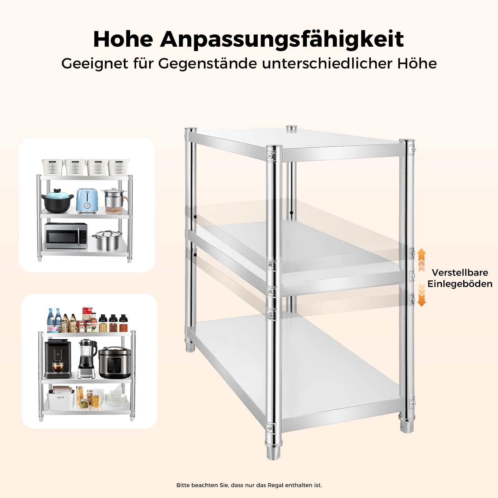 Edelstahl Regal,Metallregal Steel Eagle 80 X 80 X 40cm,Maximale Traglast 30 Kg,Edelstahl Küchenregal Schwerlastregal Standregal Küche Lagerregal Metallregall mit 3 Regalböden und Streben