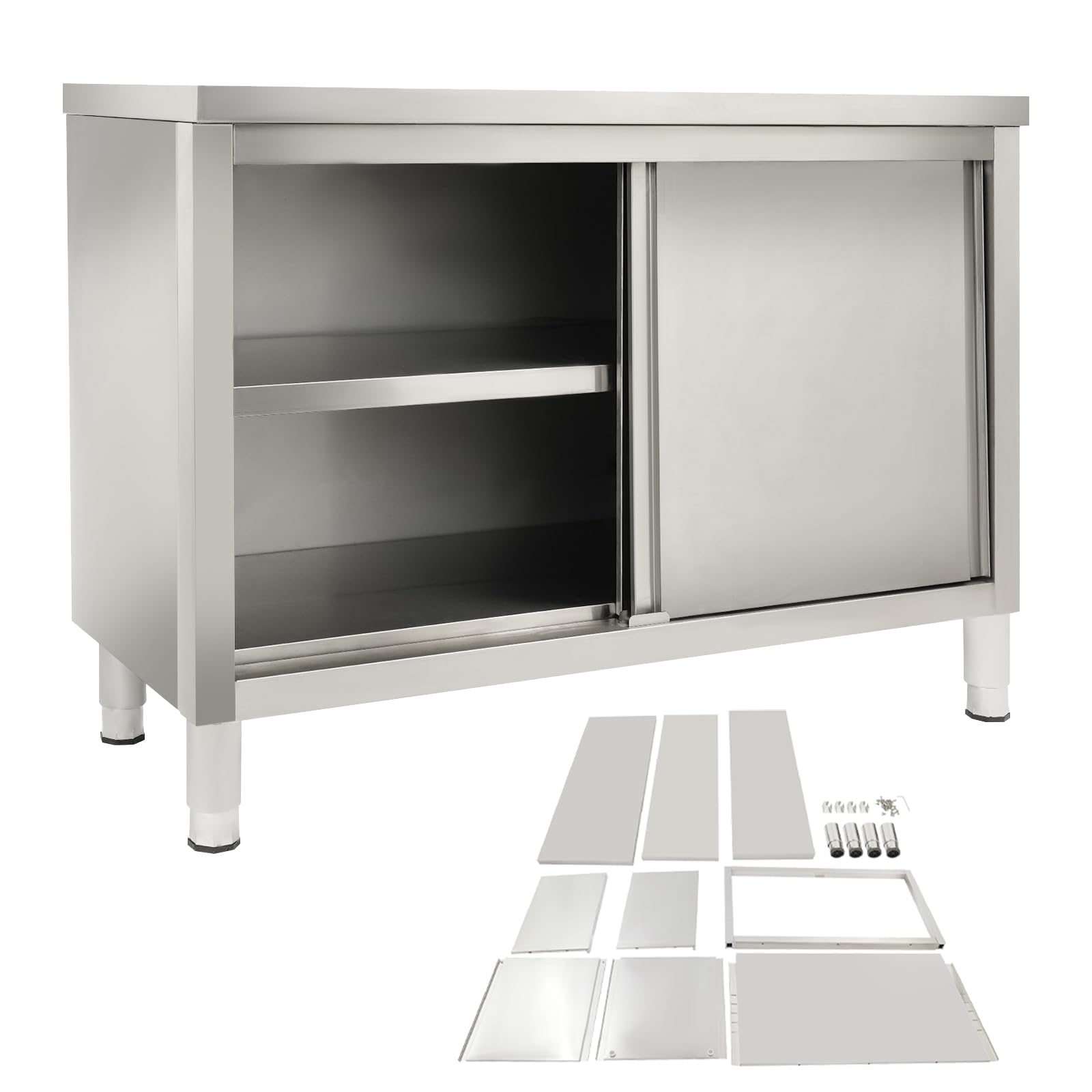 Armadio da lavoro con ante scorrevoli, 120 x 50 x 86 cm, 3 ripiani, tavolo da lavoro commerciale in acciaio inox, armadio da cucina con ante scorrevoli, armadio indipendente in acciaio inox