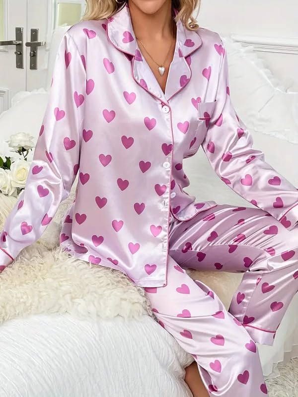 Image of Night Suit for Women with Full Sleeve Button-Down Top with Pant Dress for Woman,Night Dress for Woman, Two-Piece Loungewear Set