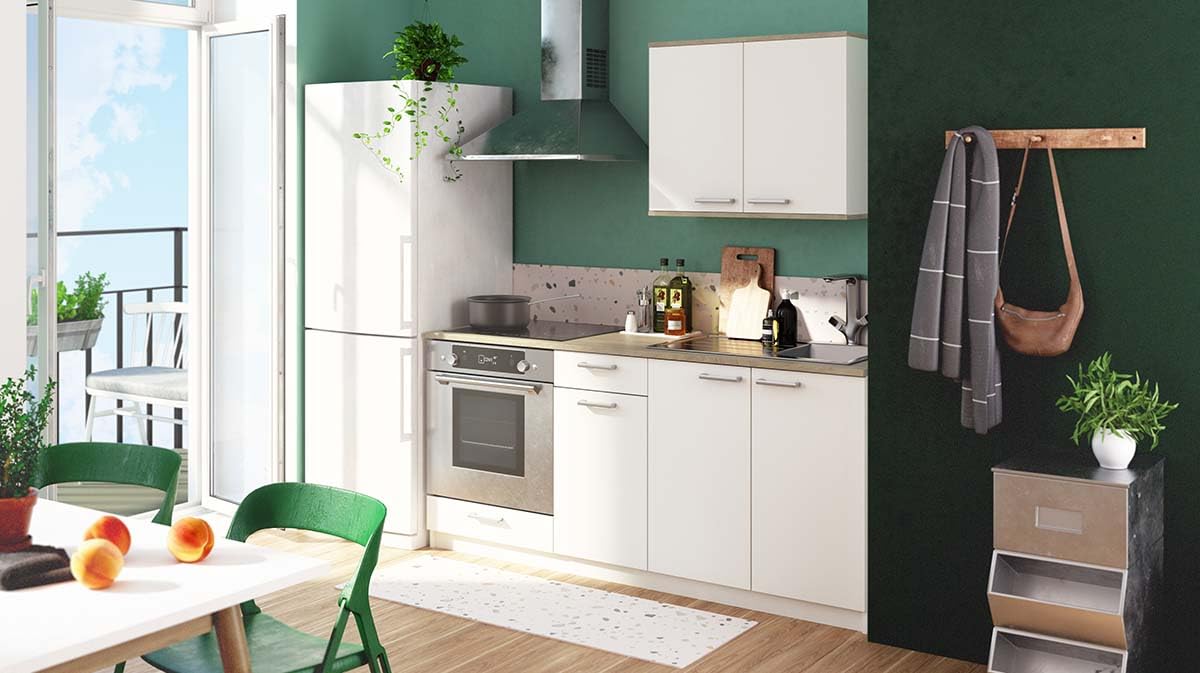 habeig Küche, Küchenschrank, Kompaktküche, variabel aufbaubar, Singleküche, 65kg! schwer, mit Arbeitsplatte, Weiss, Eiche, 180x60x85cm (LxTxH) (300433)
