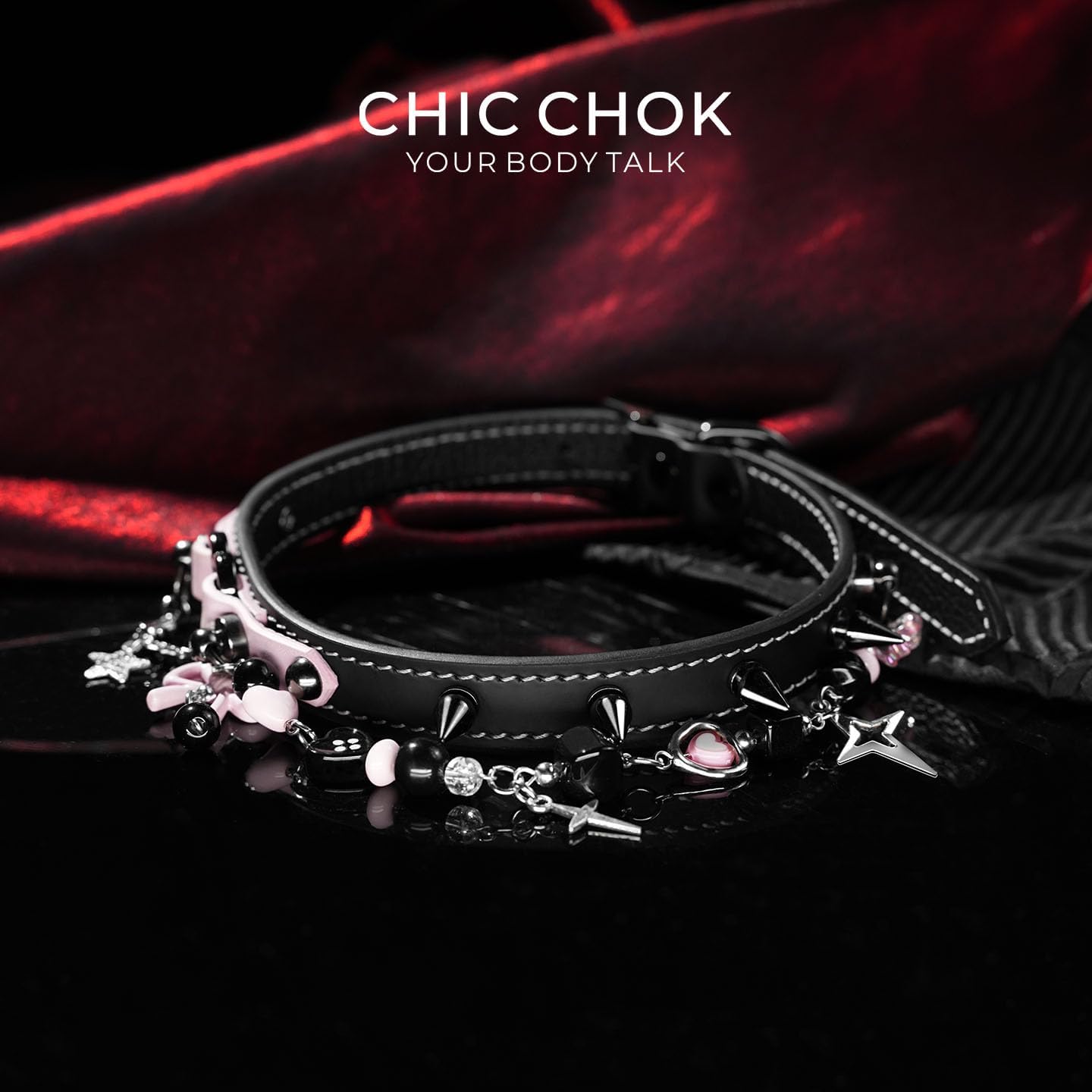 Handmade Genuine Leather Spiked Choker Necklace Black Pink Layered Heart Bow Collar Jewelry Gift for Women - Image 4