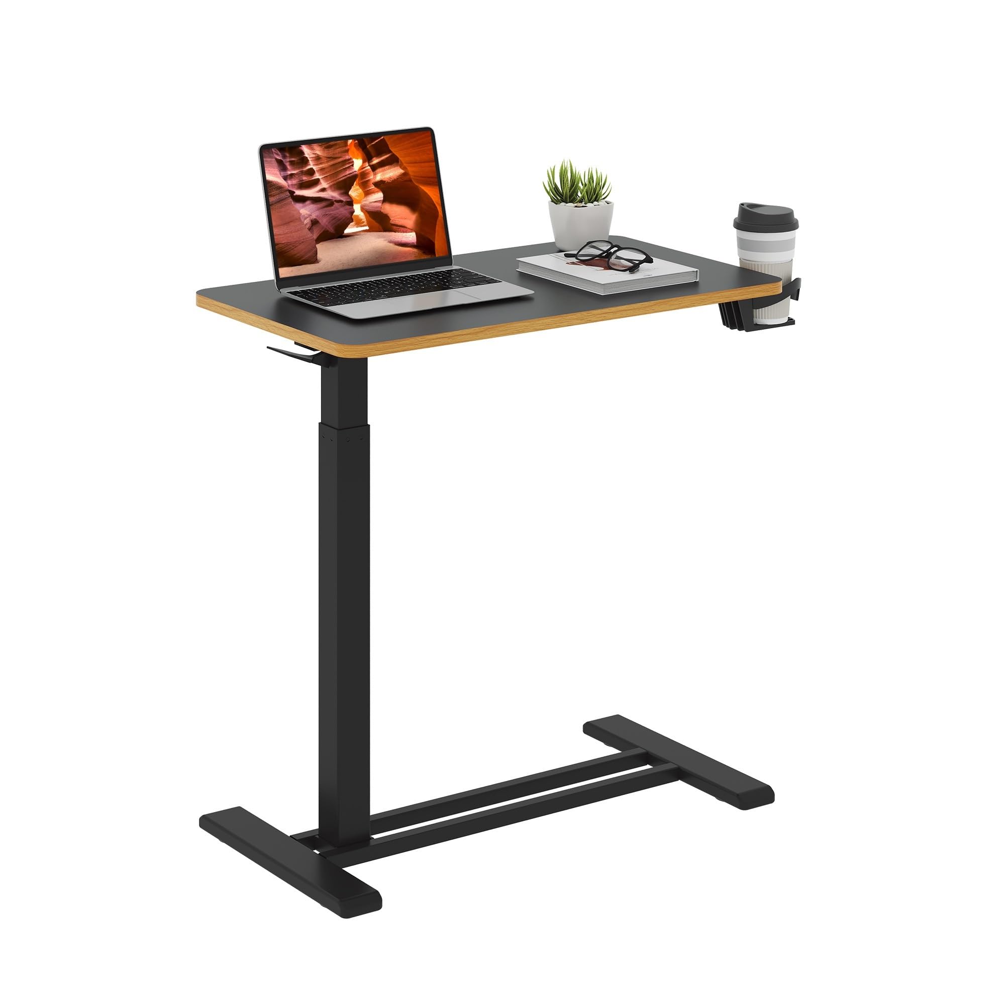 FitStand Medical Overbed Adjustable Bedside Table with Hidden Casters, Pneumatic Mobile Rolling Laptop Standing Desk with Tray for Home and Hospital