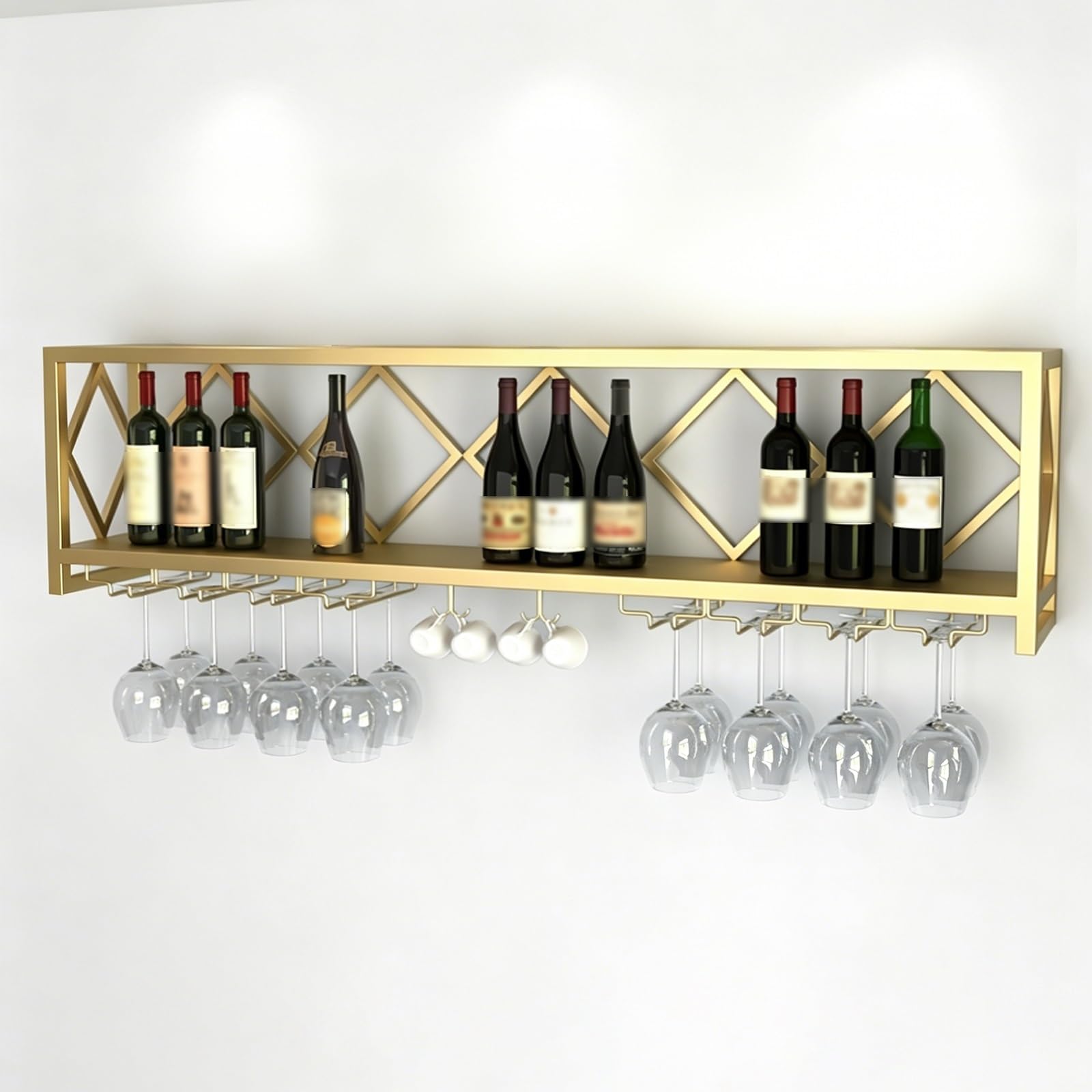 Stojak na Wino Metalowy Mały Stal Węglowa Wzmocnione Rury Wielofunkcyjny | Stojak na Wino do Montażu na Ścianie, Lakier Wysokotemperaturowy, do Salonu, Domu, Baru, Piwnicy(Gold,80x25x40CM)