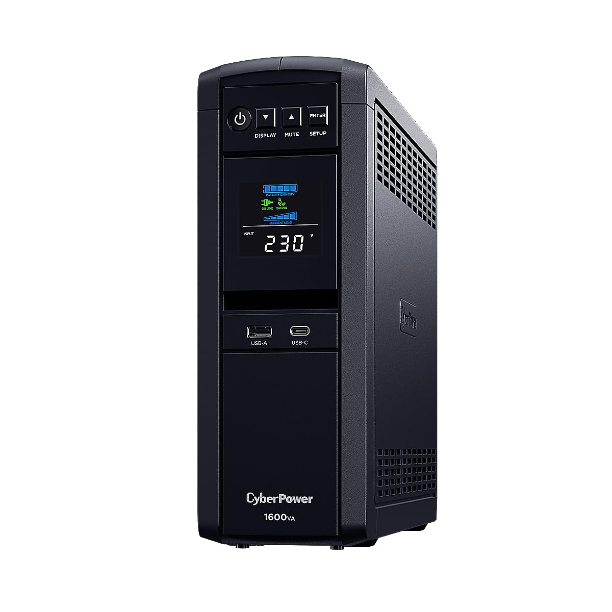 CyberPower CP1600EPFCLCD Line-Interactive UPS 1600VA/1000W Onda sinusoidale pura, AVR, LCD, USB (HID), DB9, RJ45 Lan Protection, 6x Schuko, porta per comunicazione di rete, caricatore USB A+C
