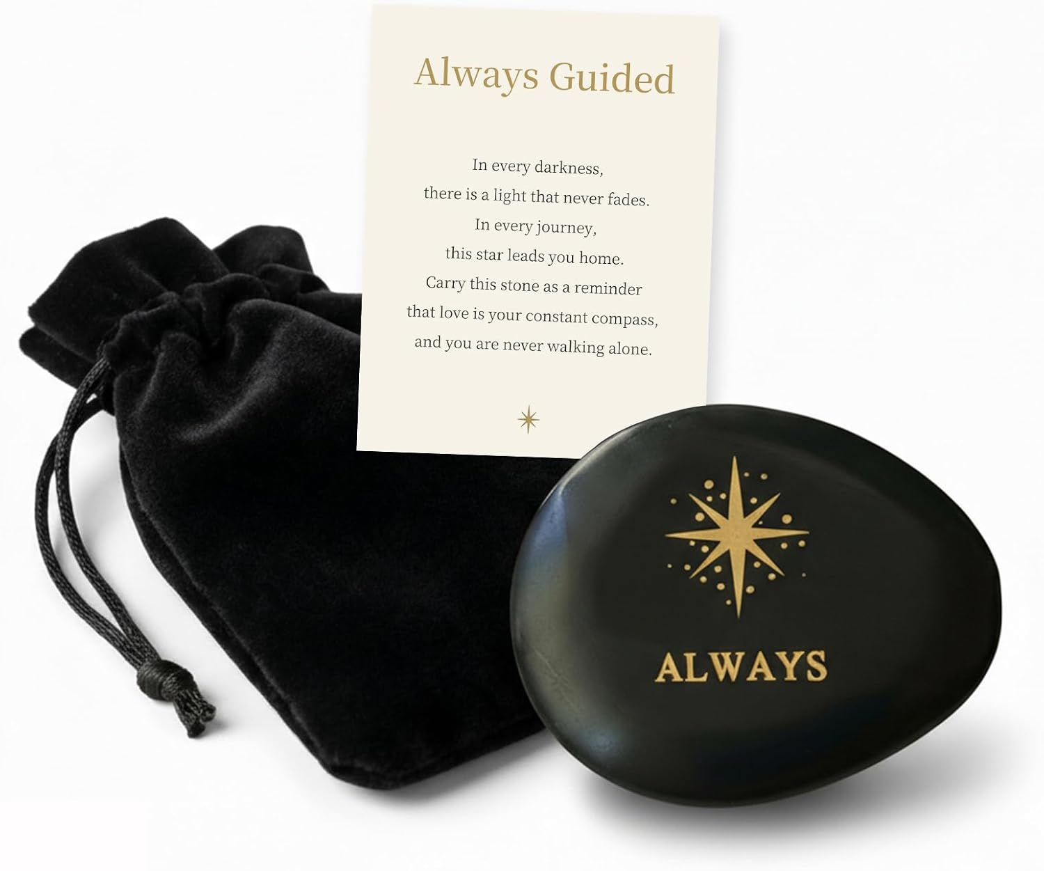 North Star Memorial & Inspirational Stone - Natural Engraved Always Sympathy Gift for Loss of Father Husband - Hand-Polished Black Palm Worry Stone for Guidance, Strength & Grief Support