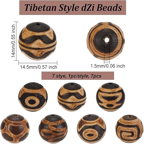 Miniatura 2 de OLYCRAFT 7 cuentas de estilo tibetano dZi con agujero de 0.059 pulgadas de diámetro de ágata natural, cuentas sueltas de ágata redonda tibetana para