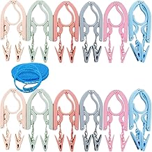 YOUOWO Travel Hangers, Portable Hangers, Pack of 12, Laundry Rope, Travel Hanger Set, Foldable, For Travel, Business Trips, Laundry, Convenient, Lightweight, Travel Supplies, 6 Colors, 24 Pinches Included