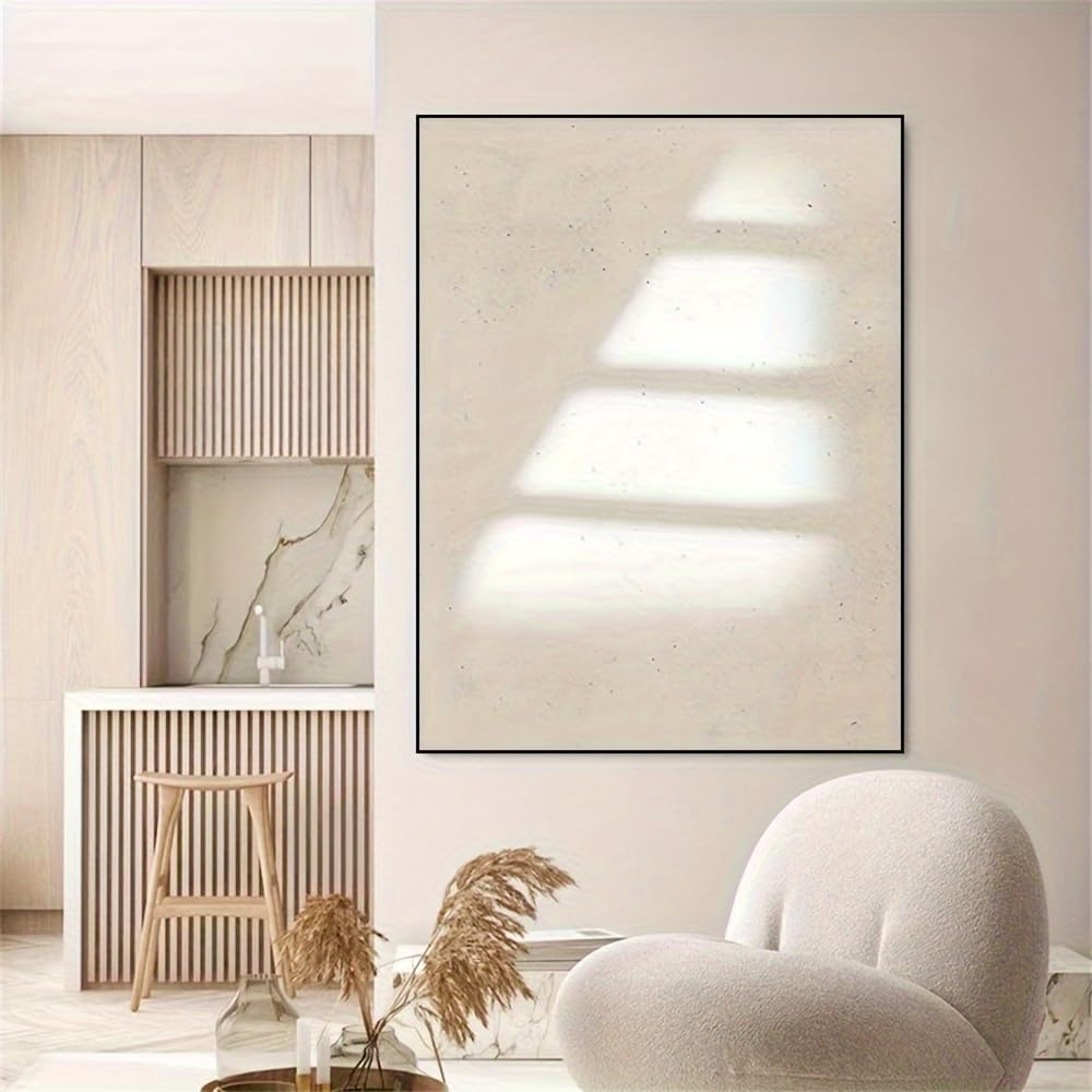 UUDEZO Nowoczesny, abstrakcyjny obraz na płótnie w kolorze białym i kremowym z ramą, luksusowa dekoracja do salonu i sypialni (50 x 75 cm)