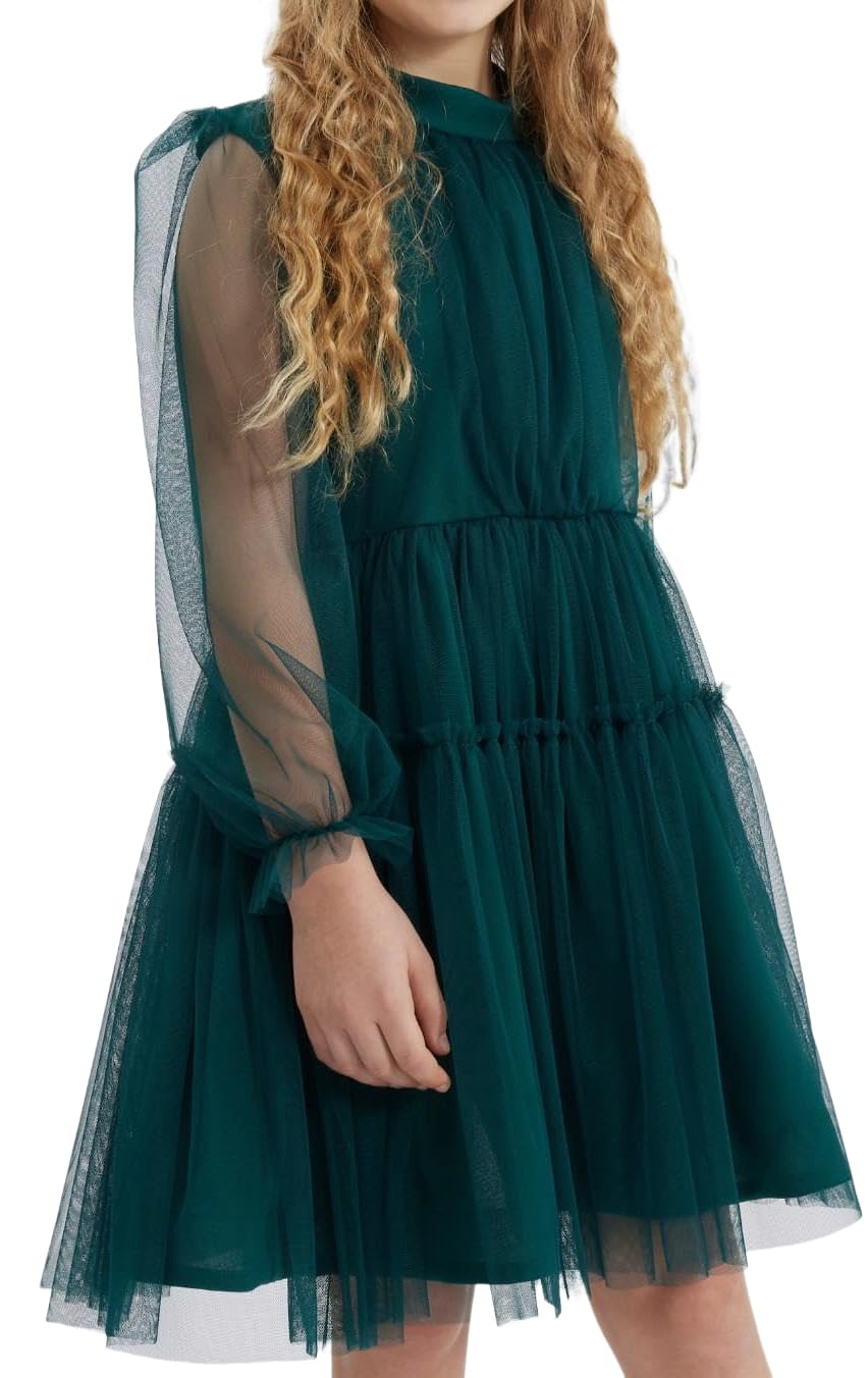 Visitenkleid Mädchen Oktavia - Flaschengrün mit Tüllärmel für besondere Anlässe
