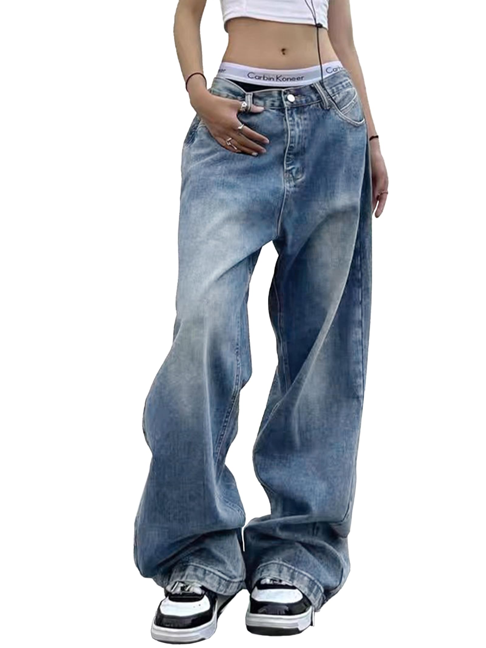 Women Wide Leg Jeans Mid-Low Waist Baggy Jeans Loose Boyfriends Jeans Y2K 90s Denim Pants