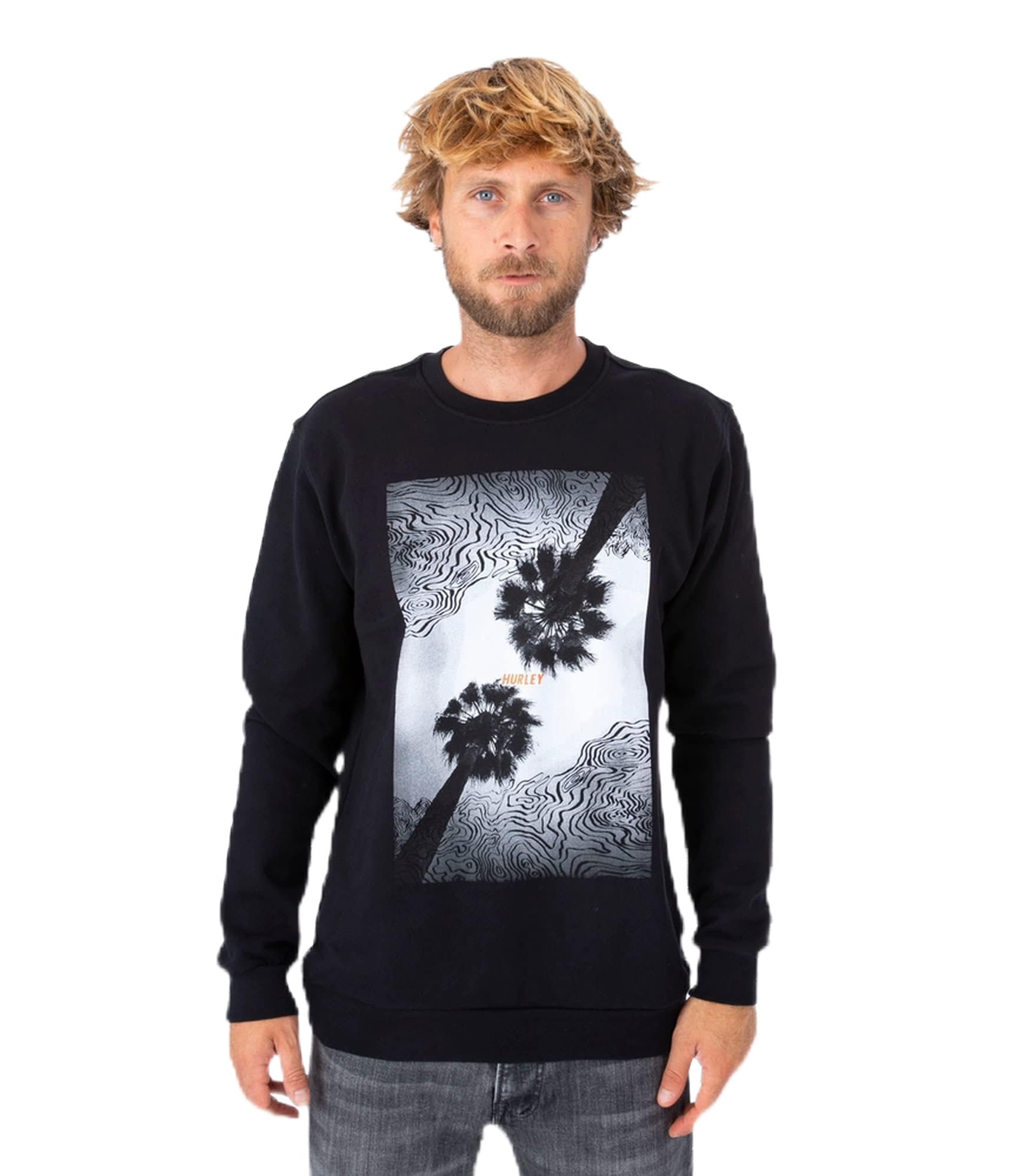 Hurley U Oceancare Photoprint Fleece Crew Sweatshirt, Black, L