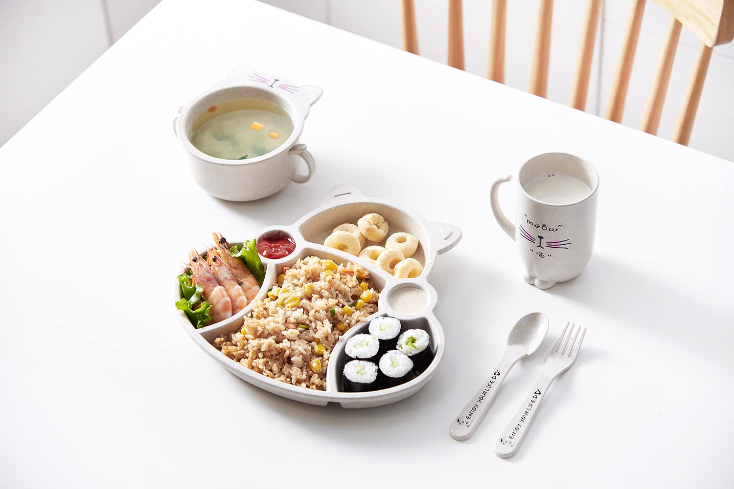 MEZON Wheat Straw Divided Dinner Tray, Unbreakable Dinner Set for Kids Dinner Plates with Bowl Cup Fork Spoon Chopsticks Tableware Set Baby Dinning Set (Beige) 2