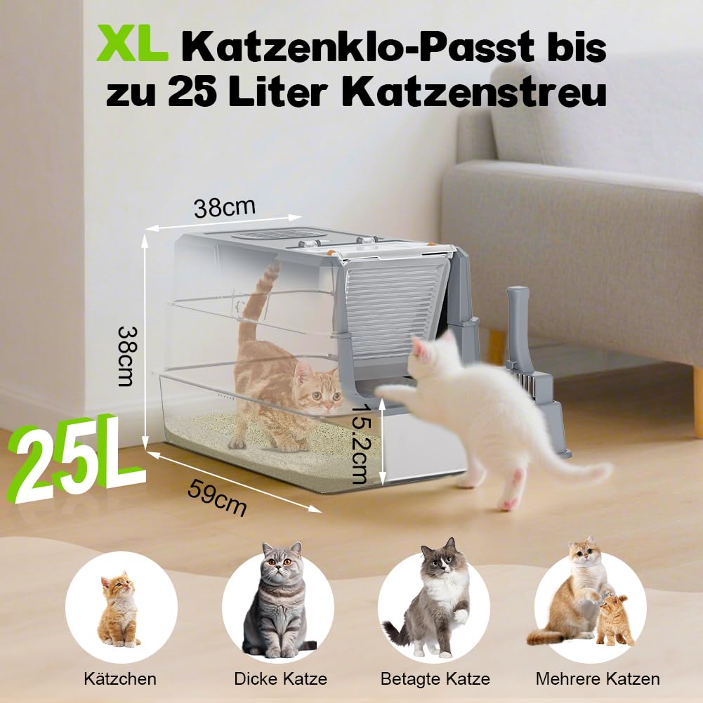 SZEE XL Edelsthal Katzenklo mit 180° Klappdeckel, Große Geschlossene Katzentoilette Edelstahl mit Deckel, Stainless Steel Cat Litter Box with Scoop-59x38x38cm, Dunkelgrau