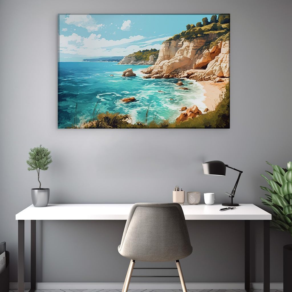 Canvas for Living room. Serene Beach Escape: Where the Sky Kisses the Sea in Digital Tranquility, 27 x 18 inch Canvas Wall Art - Contemporary Masterpieces - Modern Home Decor - 69x46 cm (27x18 inch)