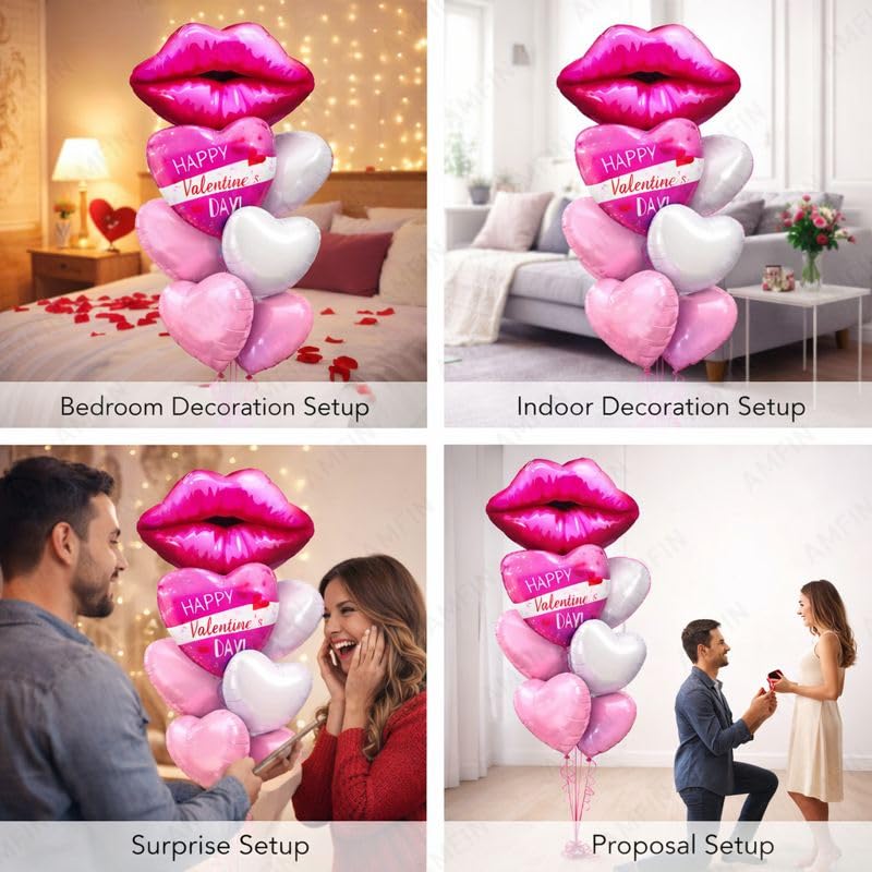 Image of AMFIN (Pack of 7) Happy Valentine's Day Foil Balloon Bouquet Lips Romantic Decoration Item - Pink White